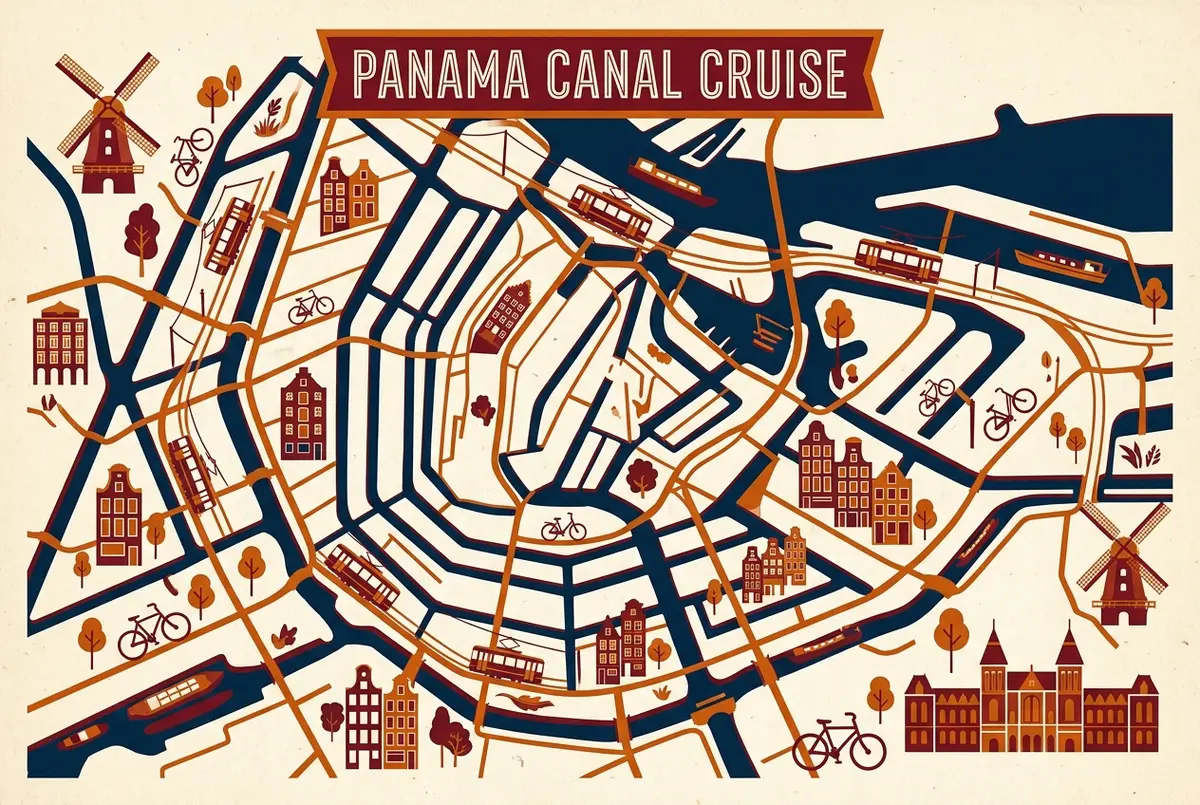 illustrated map of amsterdam highlights for Panamakanal Kreuzfahrt mit Flug buchen, kreuzfahrt panamakanal mit flug